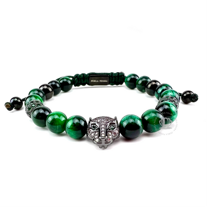 Rhodium Jaguar, Green Tiger Eye Beads & Roman Bravelet