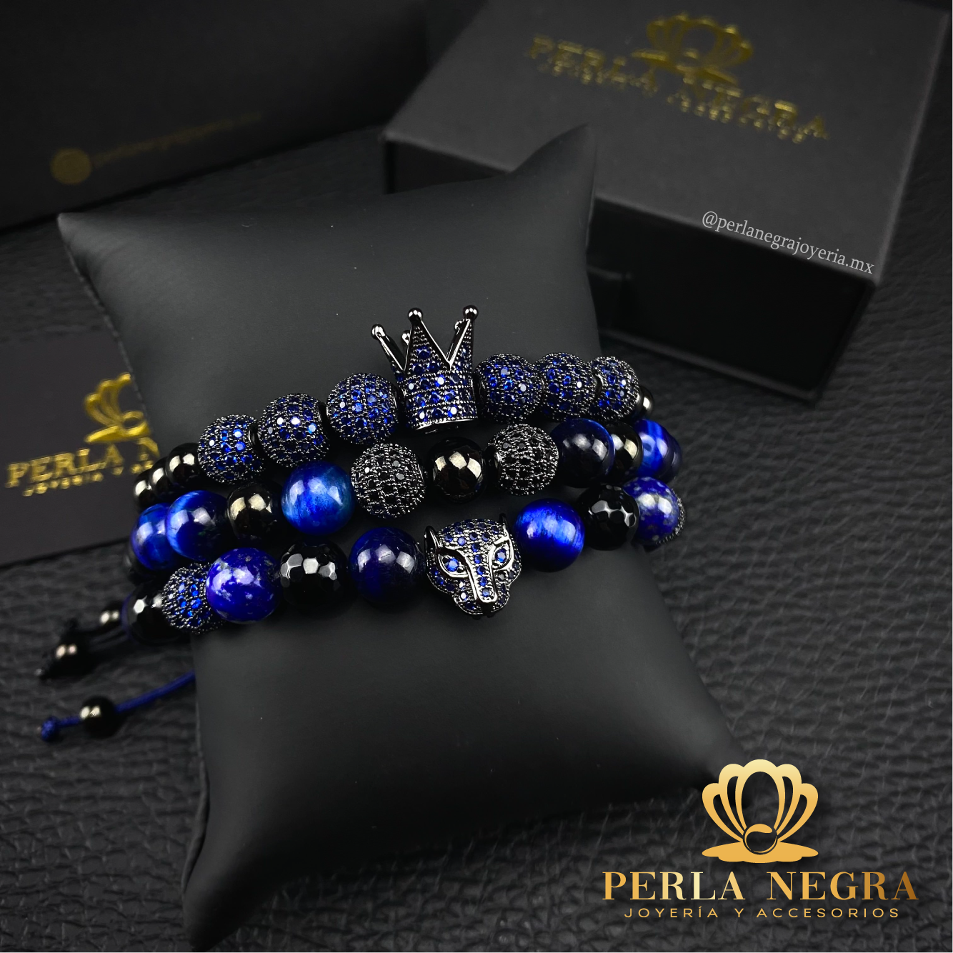 Rhodium Crown, Blue Tiger Eye Beads &  Jaguar Blue Cz