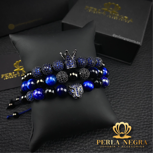 Rhodium Crown, Blue Tiger Eye Beads &  Jaguar Blue Cz