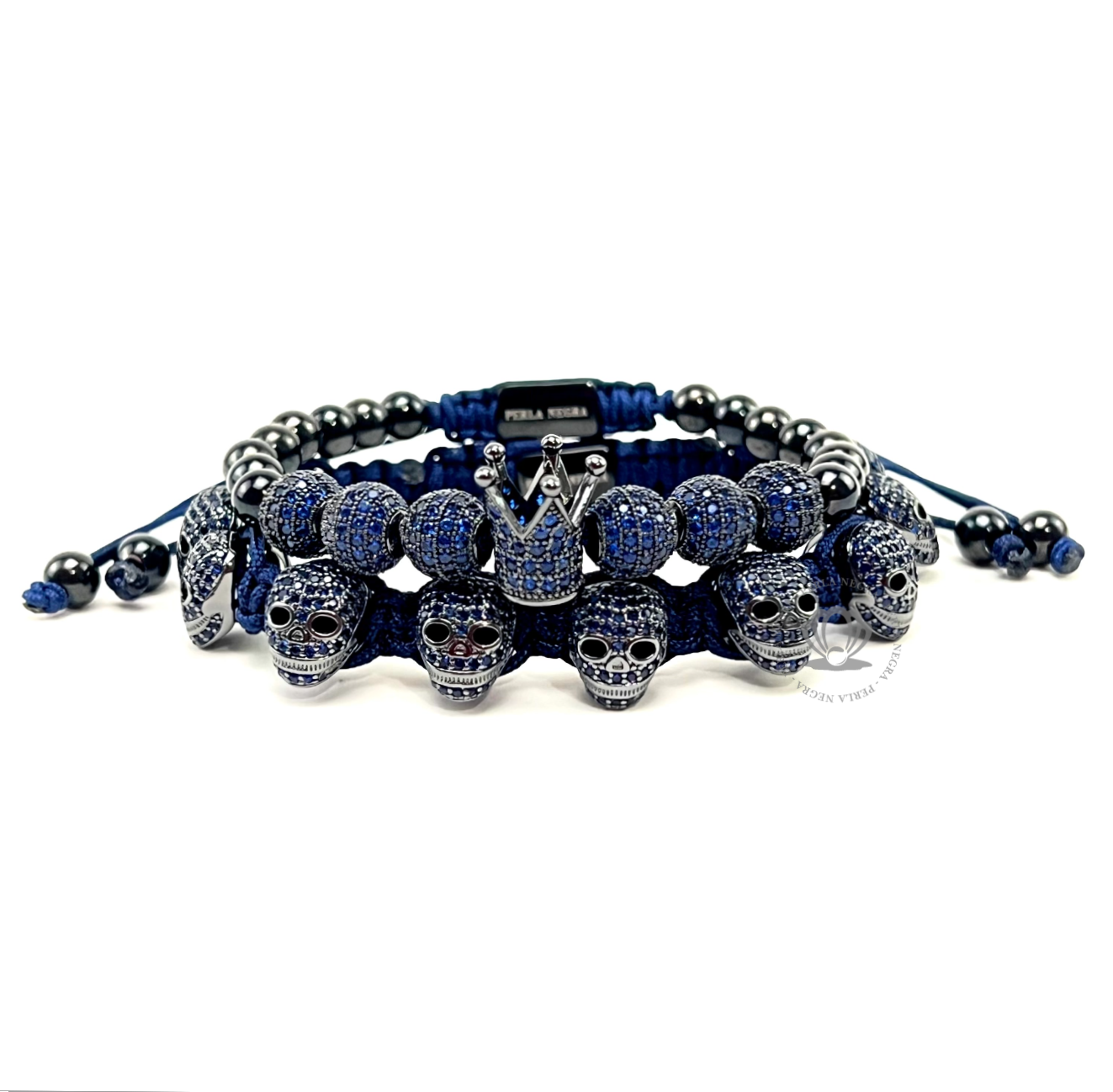 Luxury Rhodium Blue Cz Crown & Skull Set - perlanegramx