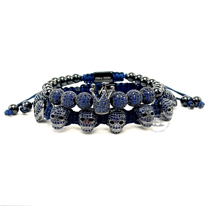 Luxury Rhodium Blue Cz Crown & Skull Set - perlanegramx