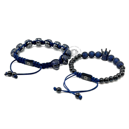 Luxury Rhodium Blue Cz Crown & Skull Set - perlanegramx