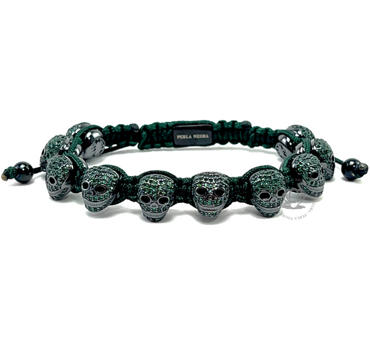 Luxury Rhodium Skull Green Cz