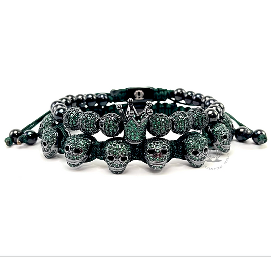 Luxury Rhodium Green Cz, Crown & Skull Set - perlanegramx