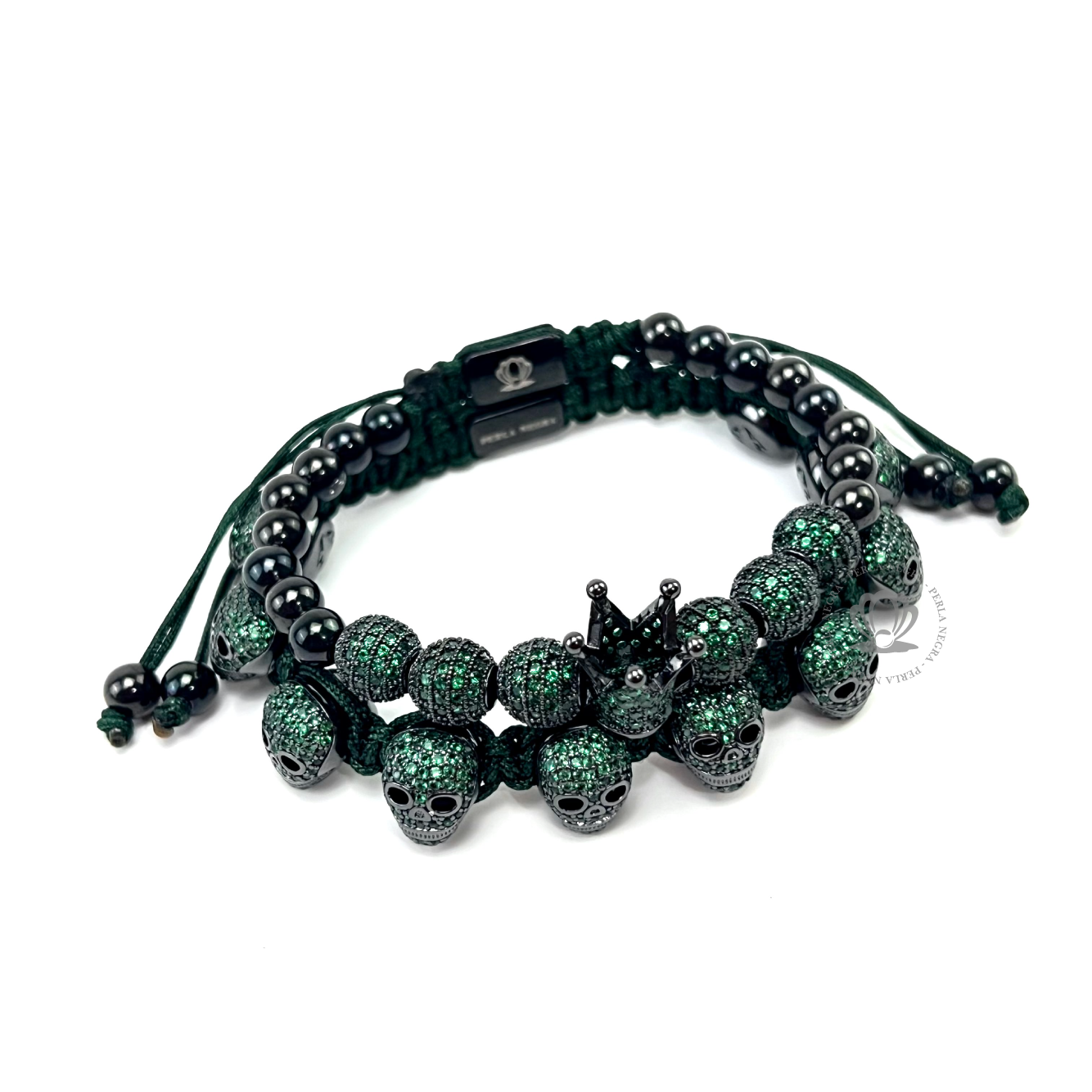 Luxury Rhodium Green Cz, Crown & Skull Set - perlanegramx