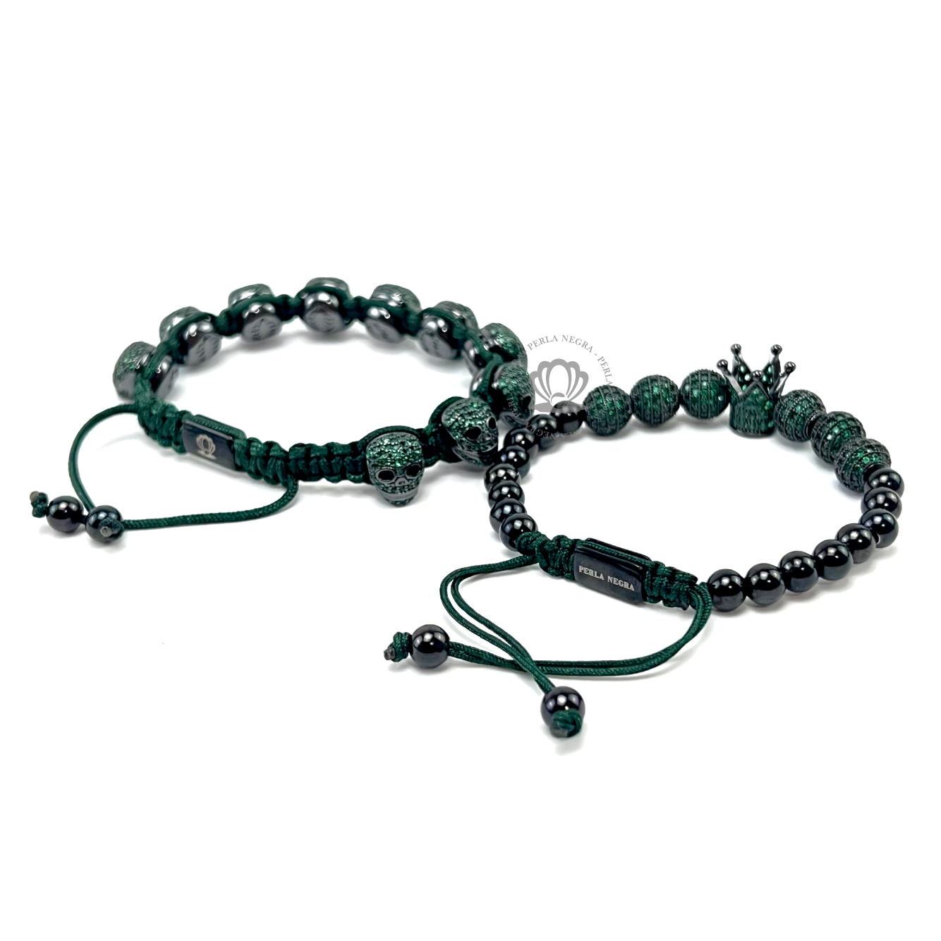 Luxury Rhodium Green Cz, Crown & Skull Set - perlanegramx