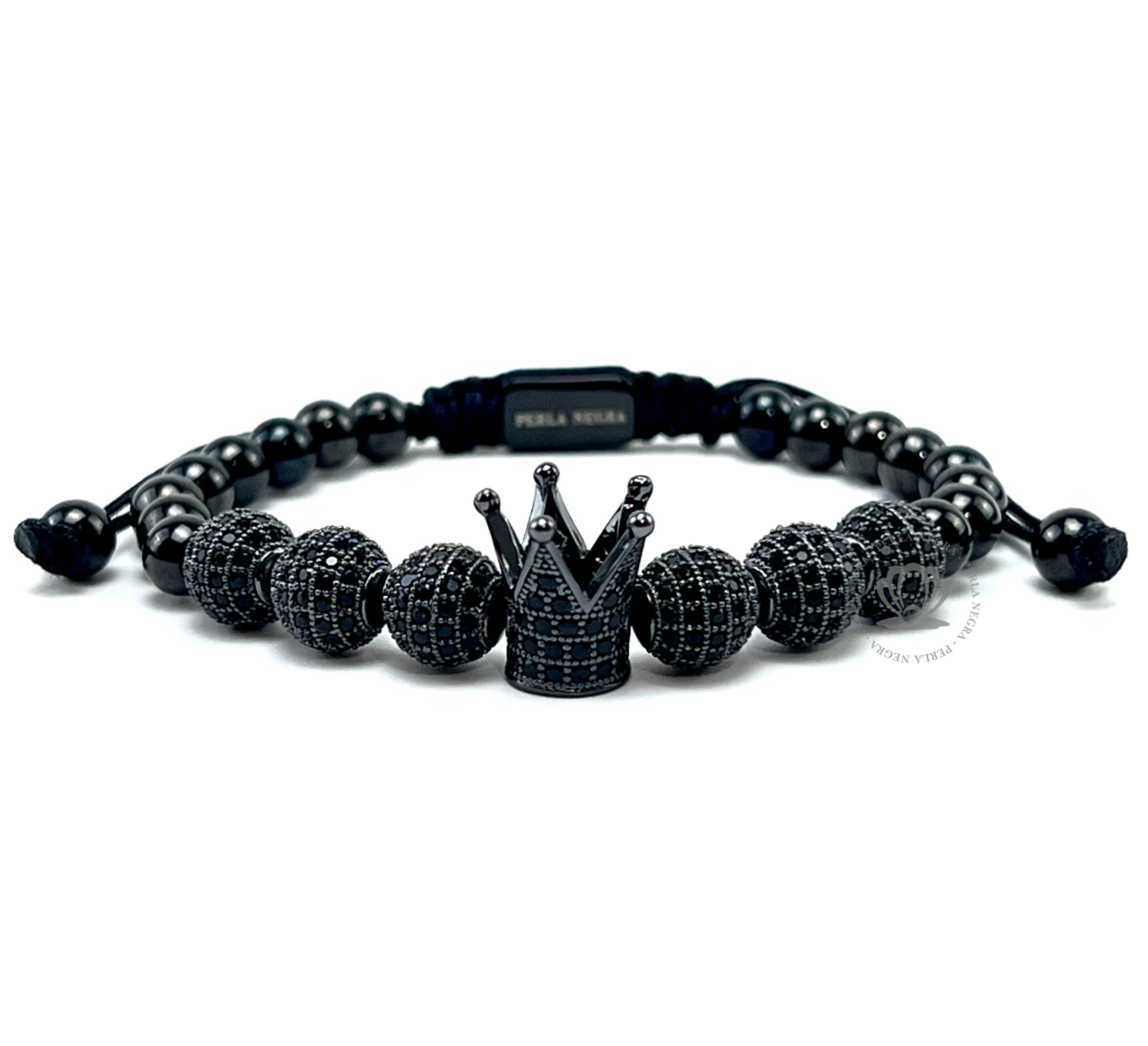 Rhodium Crown Black Cz & Black Cz Beads Bracelet