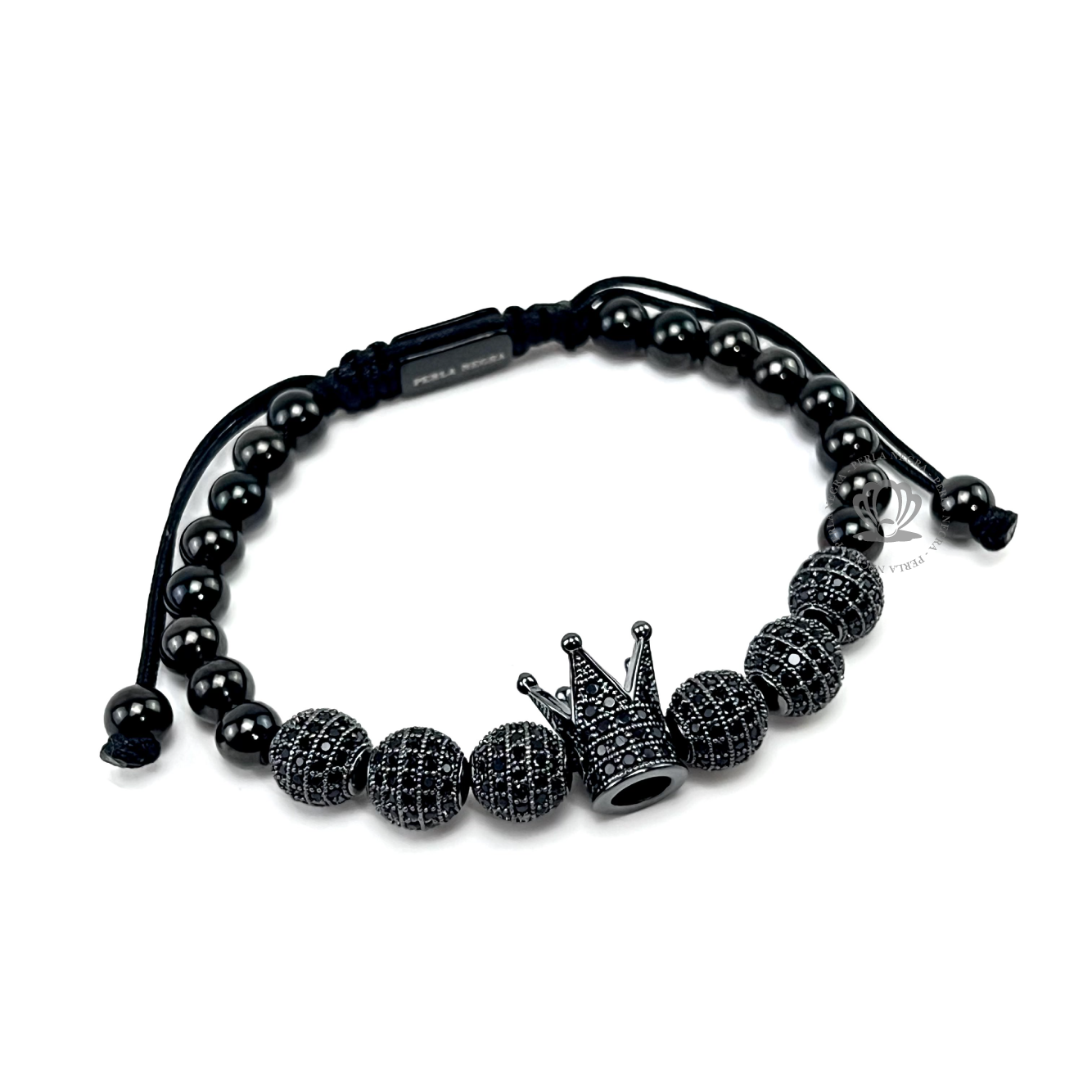 Rhodium Crown Black Cz & Black Cz Beads Bracelet