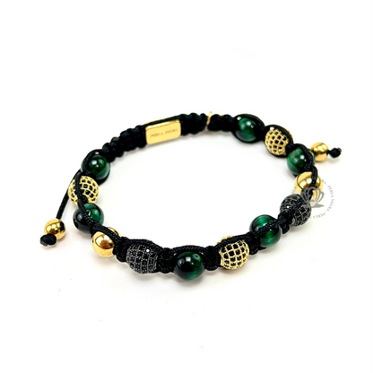 Classic Green Tiger Eye, Black & Gold Clear Cz Bracelet