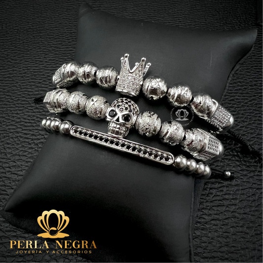 White Gold Skull, Silver Crown & Silver Beads Set