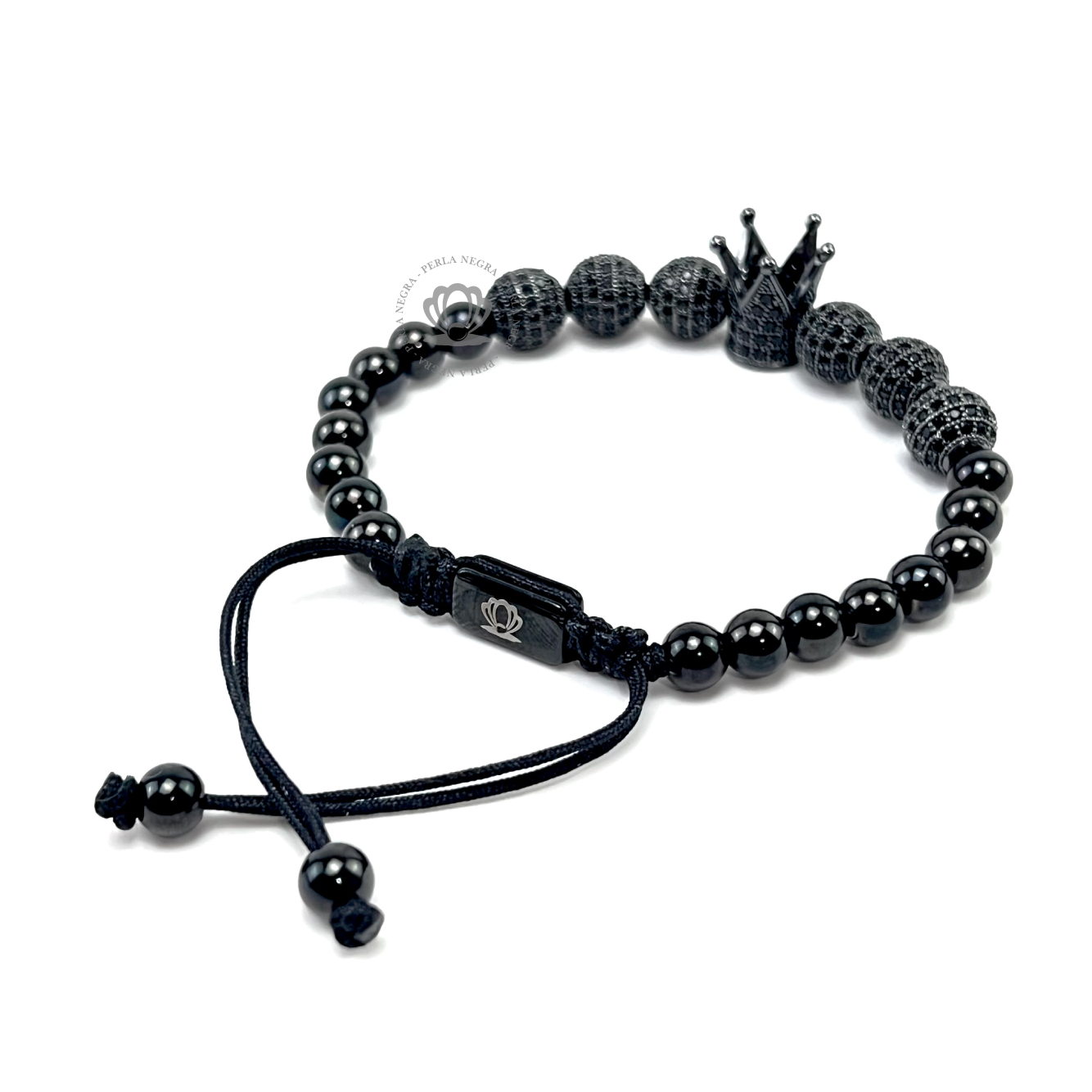 Rhodium Crown Black Cz & Black Cz Beads Bracelet