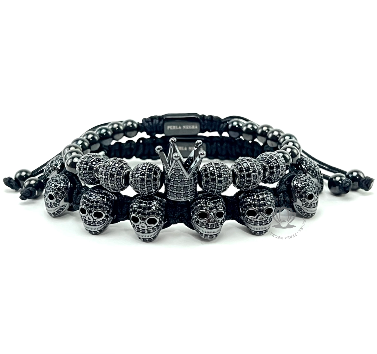 Luxury Rhodium Black Cz, Crown & Skull Set - perlanegramx