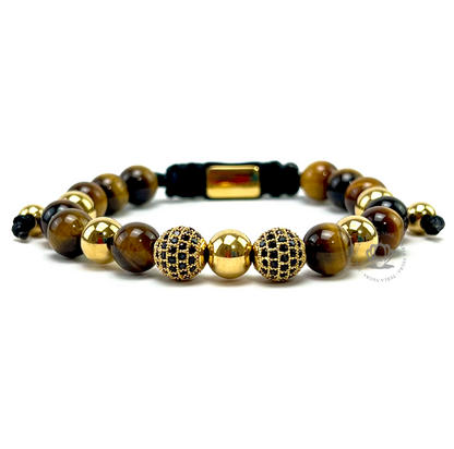 Double Gold Buda, Brown Tiger Eye Square & Beads & Yellow Gold Snake Hematite