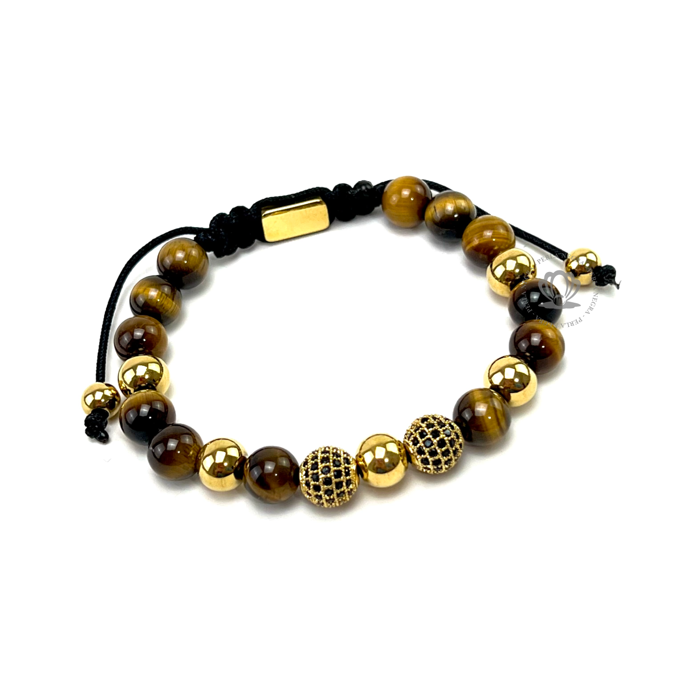 Brown Tiger Eye & Yellow Gold Cz Beads Bracelet - perlanegramx