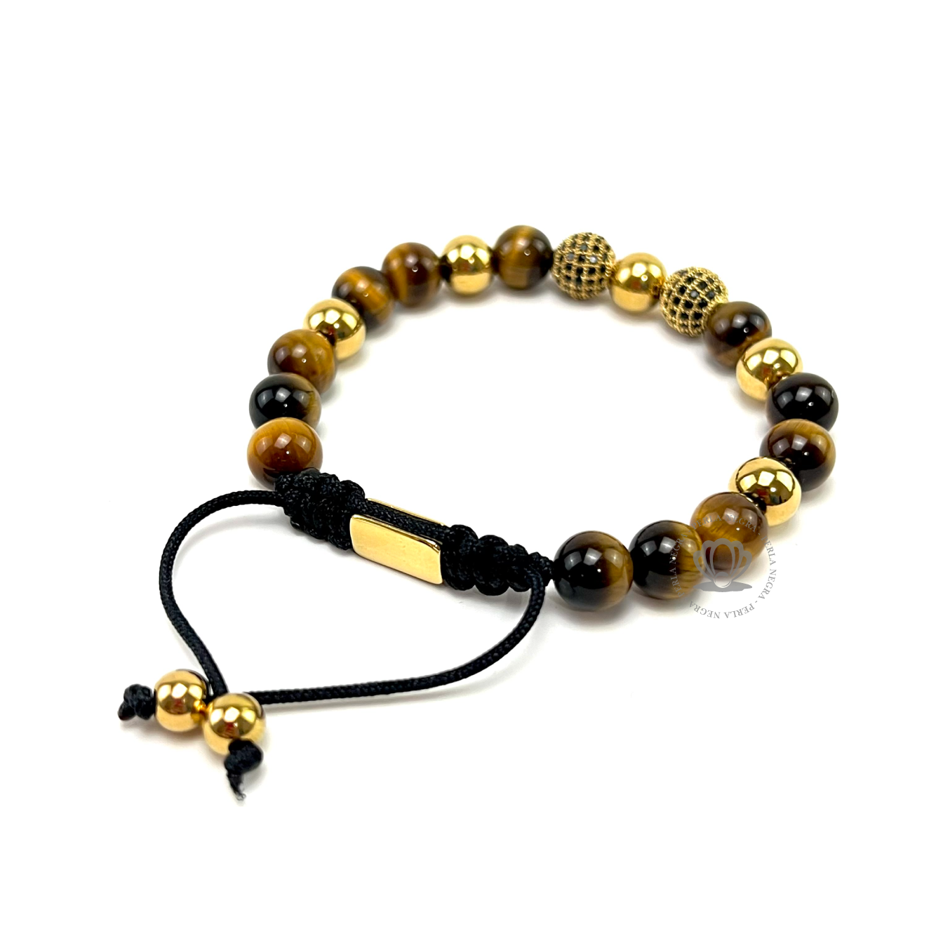 Brown Tiger Eye & Yellow Gold Cz Beads Bracelet - perlanegramx