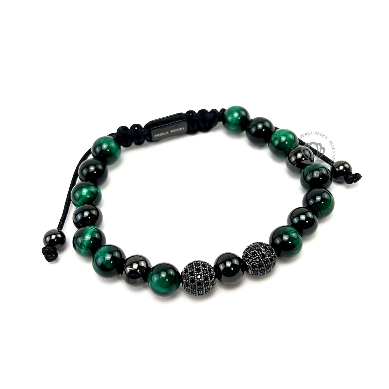 Green Tiger Eye & Rhodium Cz Beads Bracelet - perlanegramx