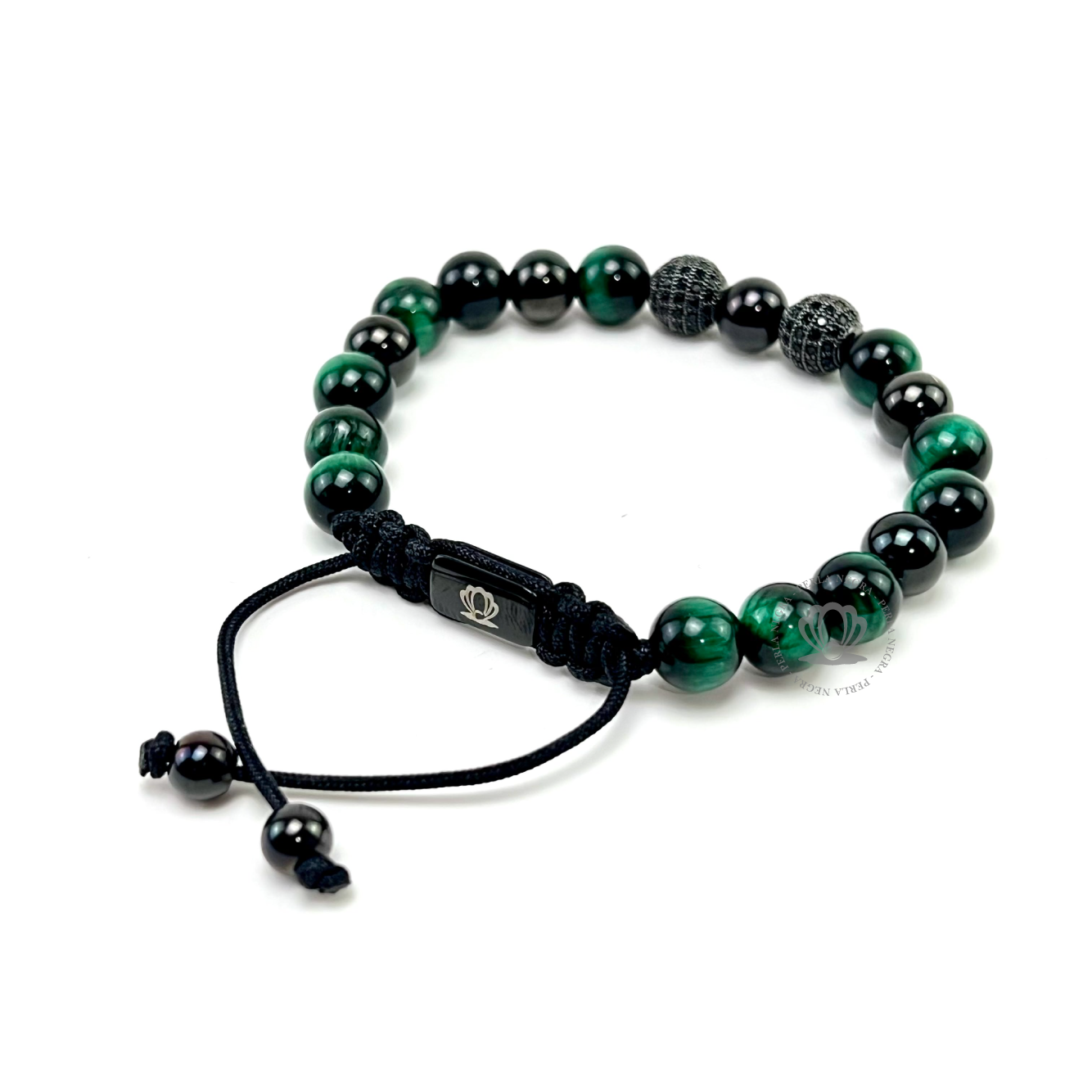 Green Tiger Eye & Rhodium Cz Beads Bracelet - perlanegramx