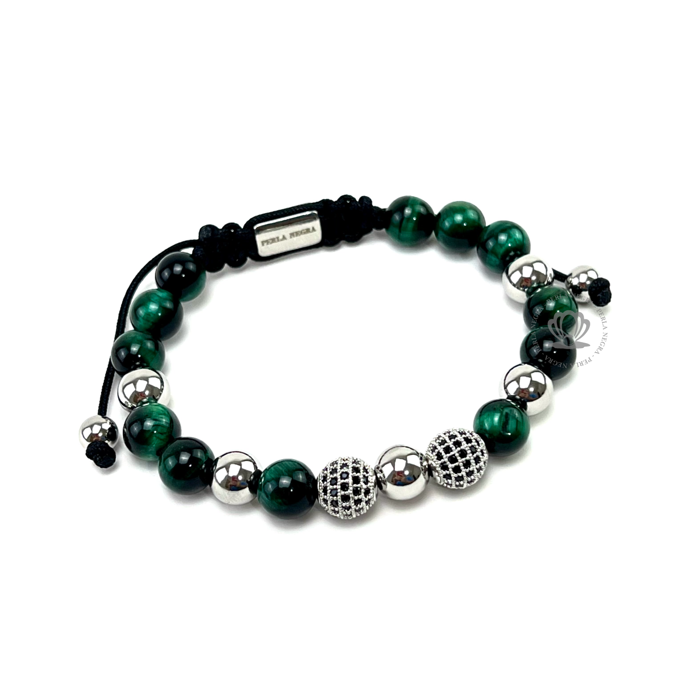 Green Tiger Eye & White Gold Cz Beads Bracelet - perlanegramx