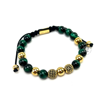 Green Tiger Eye & Yellow Gold Cz Beads Bracelet - perlanegramx