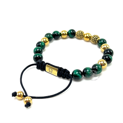 Green Tiger Eye & Yellow Gold Cz Beads Bracelet - perlanegramx