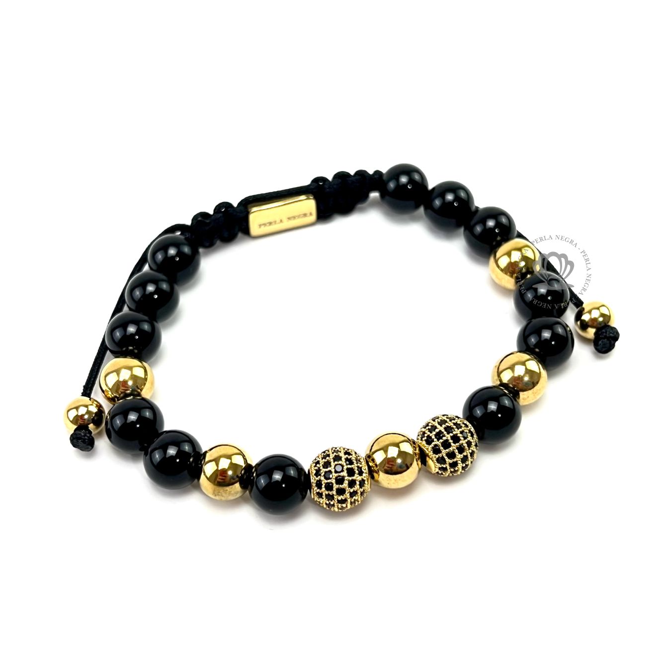 Black Onyx & Yellow Gold Cz Beads Bracelet - perlanegramx