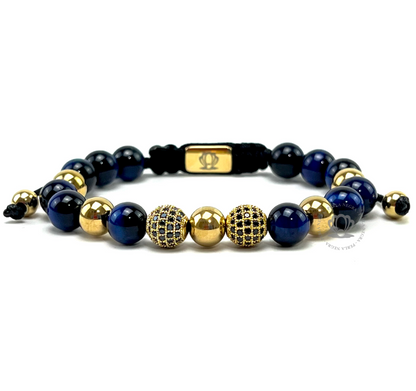 Gold Jaguar, Gold Cz Crown % Blue Tiger Eye Beads