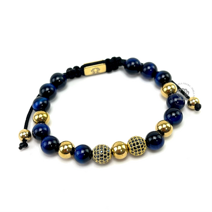 Blue Tiger Eye & Yellow Gold Cz Beads Bracelet - perlanegramx