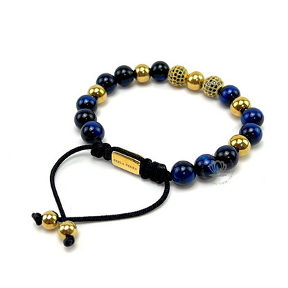 Blue Tiger Eye & Yellow Gold Cz Beads Bracelet - perlanegramx