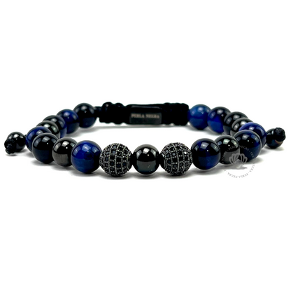 Rhodium Crown, Blue Tiger Eye Beads &  Jaguar Blue Cz