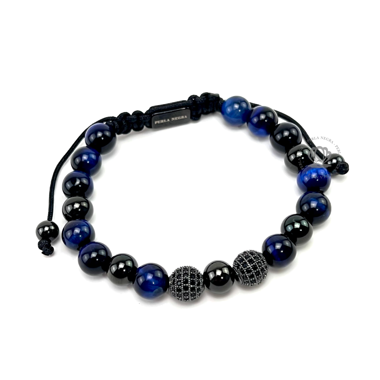 Blue Tiger Eye & Rhodium Cz Beads Bracelet - perlanegramx