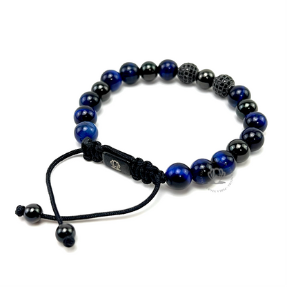 Blue Tiger Eye & Rhodium Cz Beads Bracelet - perlanegramx