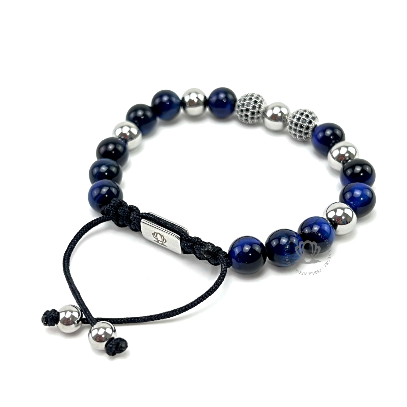 Blue Tiger Eye & White Gold Cz Beads Bracelet - perlanegramx