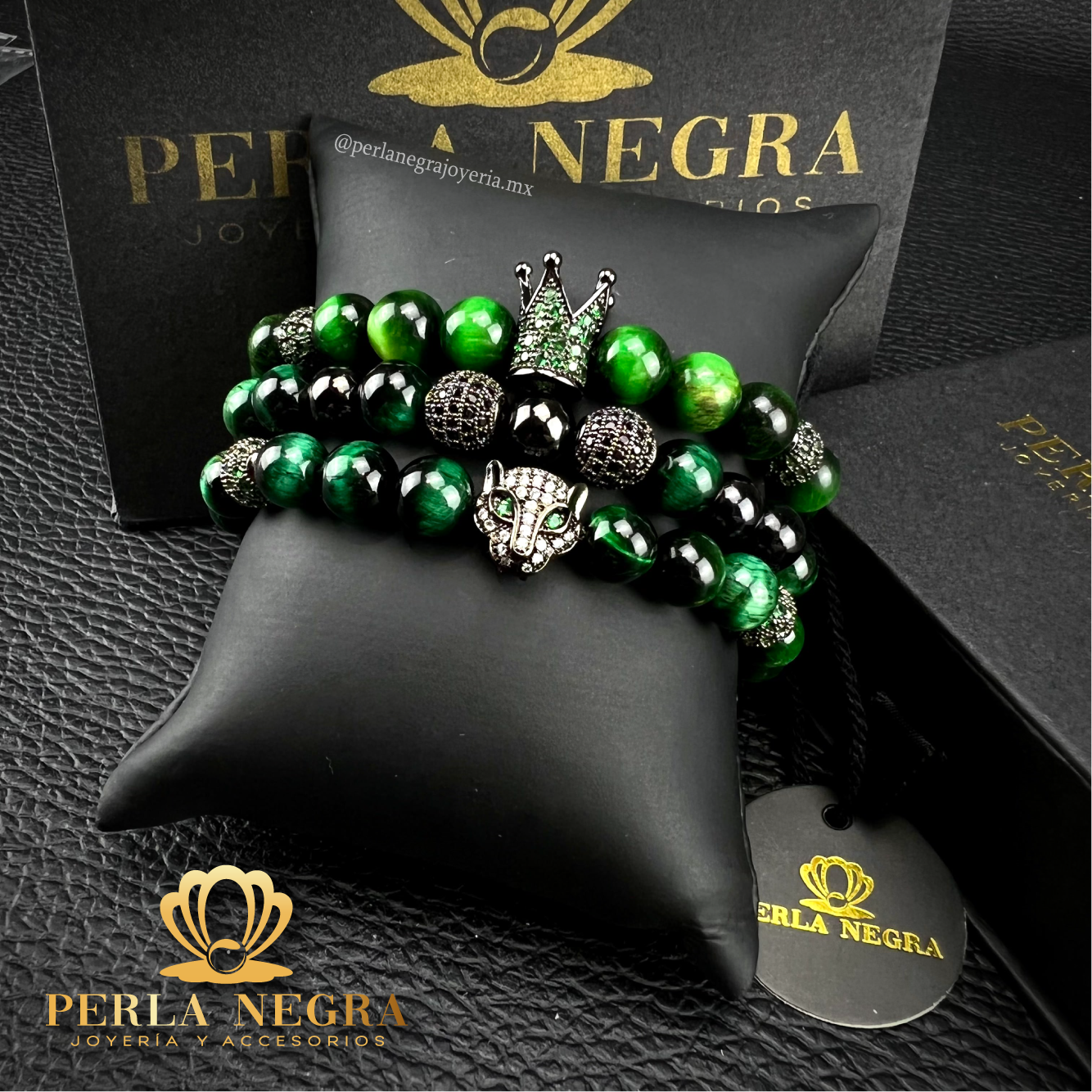 Rhodium Jaguar, Rhodium Crown & Green Tiger Eye Set