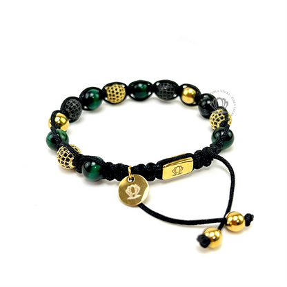 Classic Green Tiger Eye, Black & Gold Clear Cz Bracelet