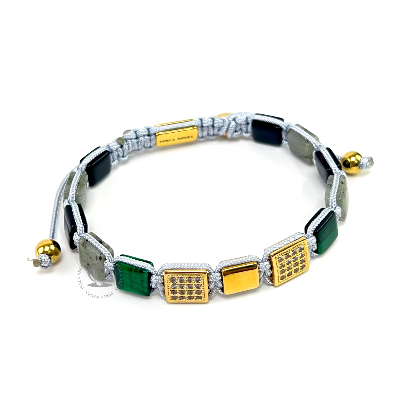 Onyx, Green Tiger Eye, Yellow Gold Cz Square Bracelet