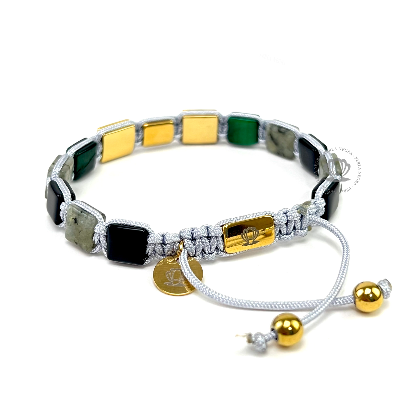 Onyx, Green Tiger Eye, Yellow Gold Cz Square Bracelet