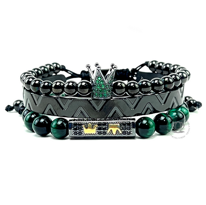 Rhodium Crown & Green Tiger Eye Set