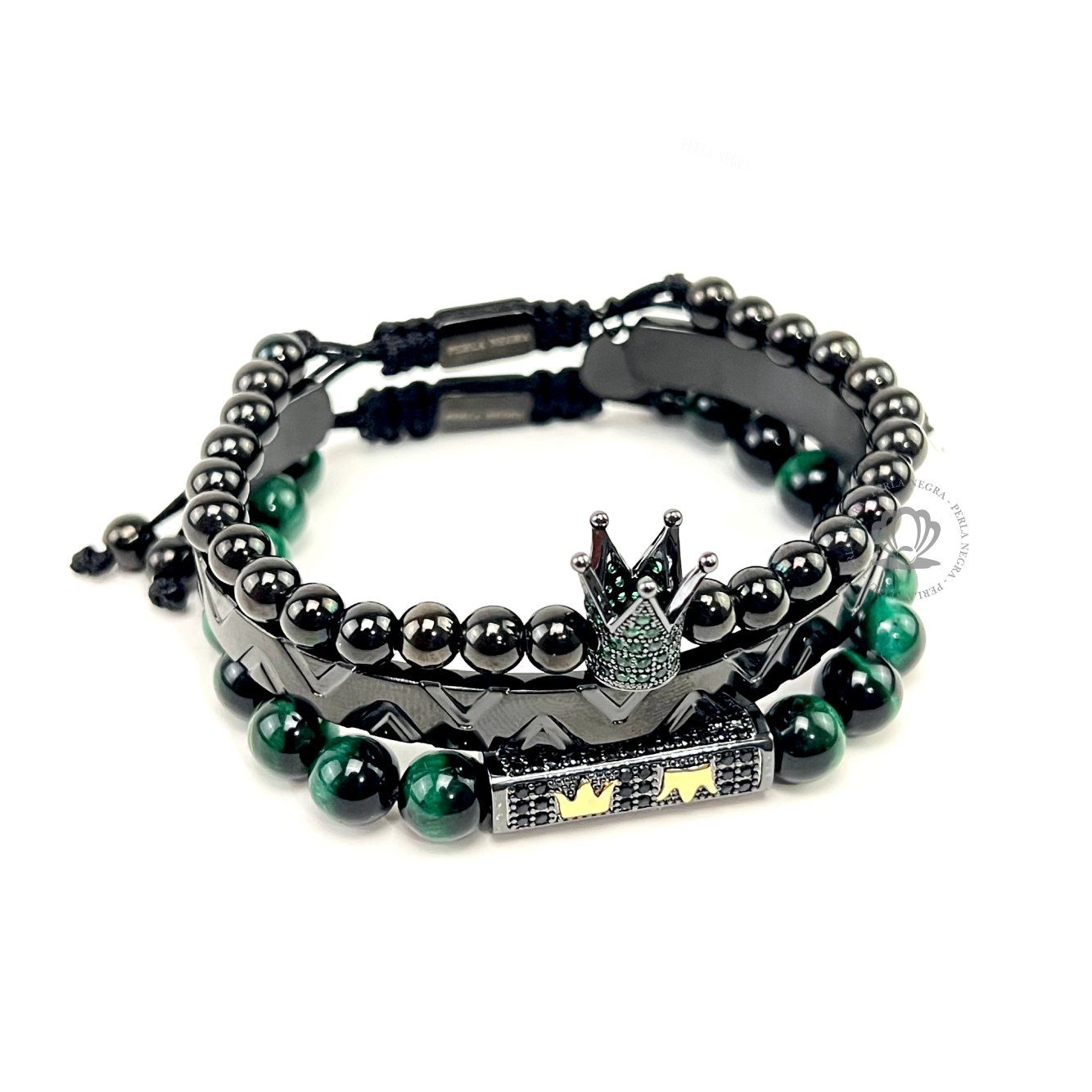 Rhodium Crown & Green Tiger Eye Set