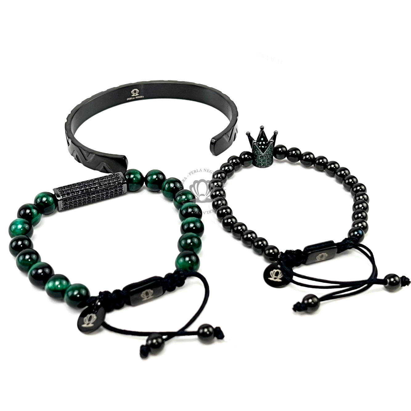 Rhodium Crown & Green Tiger Eye Set