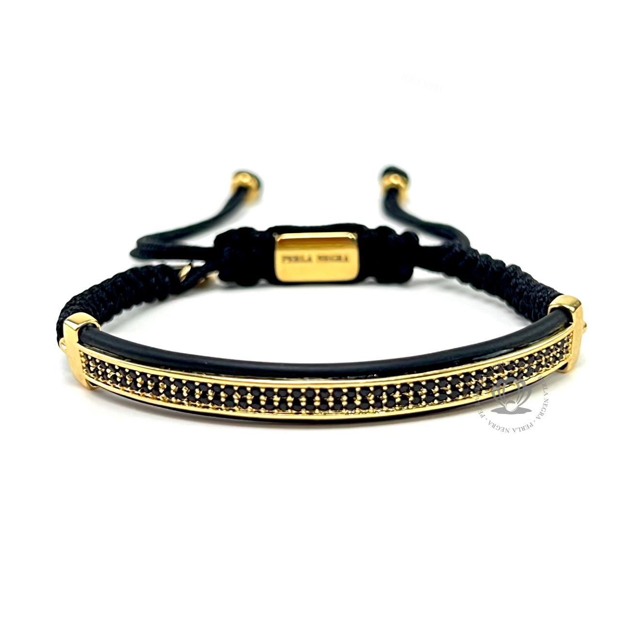 Double Gold Buda, Onyx & Black Cz Curved Bracelet