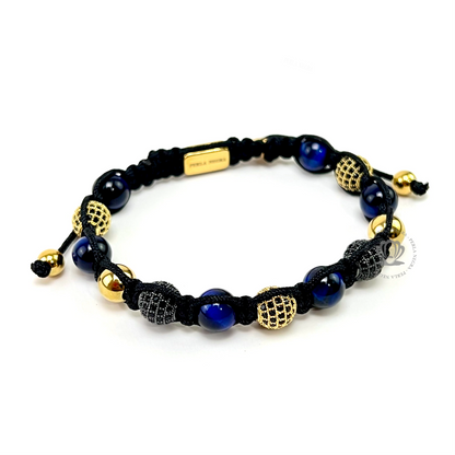 Classic Blue Tiger Eye, Black & Gold Clear Cz Bracelet