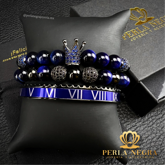 Rhodium Cz Crown, Blue Tiger Eye Beads & Roman Bracelet