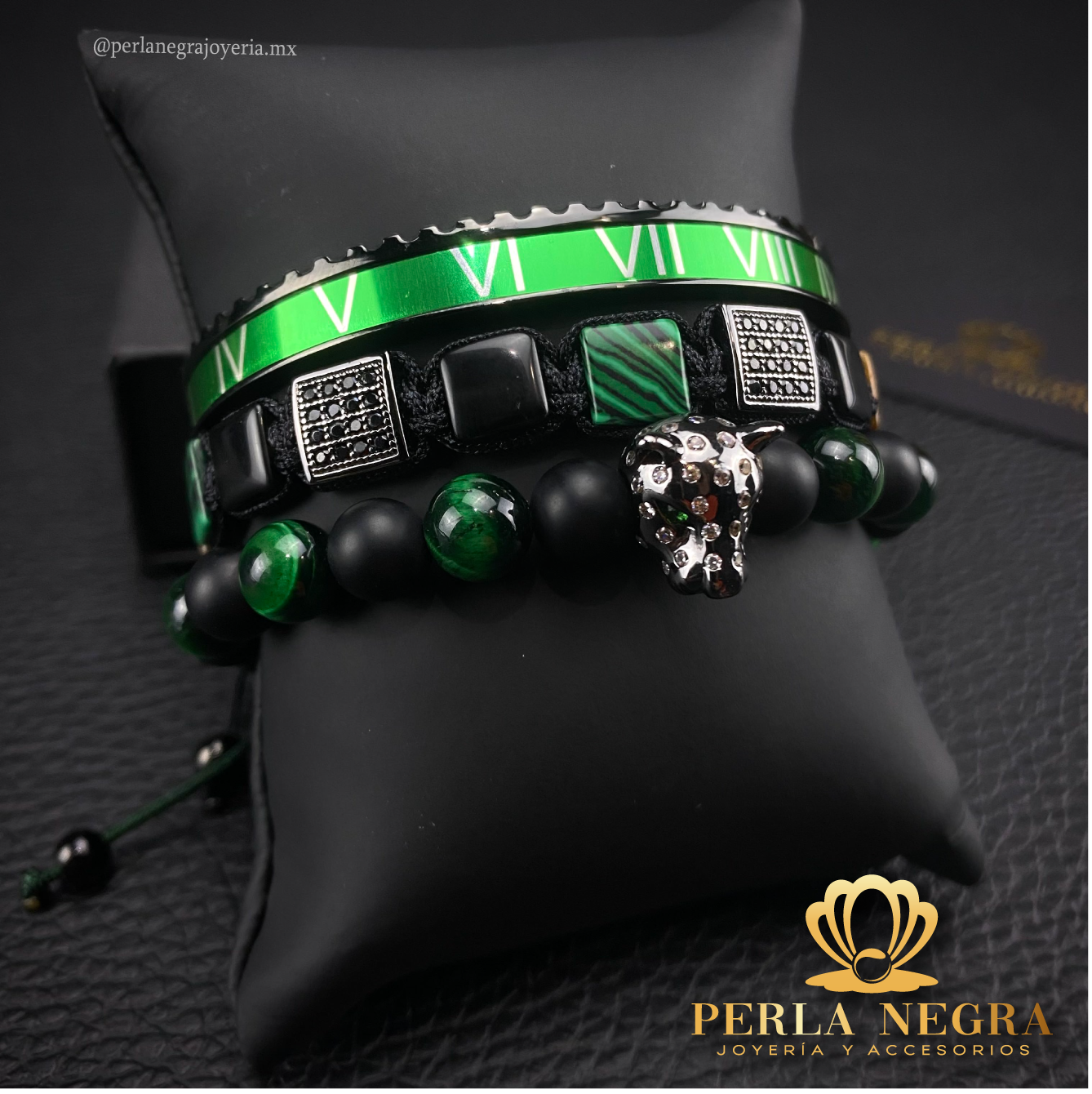 Rhodium Cz Jaguar, Malachite  Square & Roman Bracelet