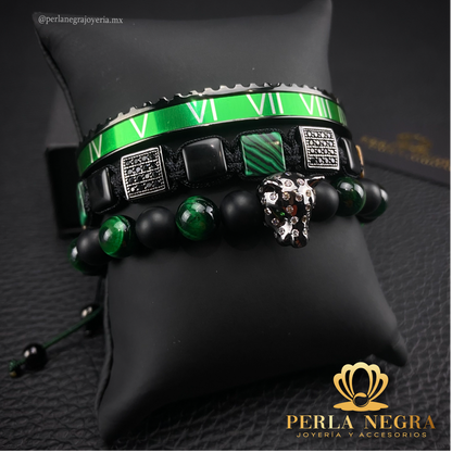 Rhodium Cz Jaguar, Malachite  Square & Roman Bracelet